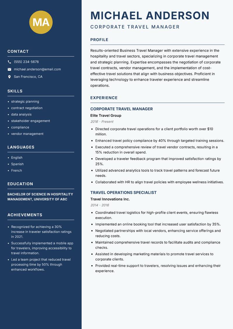 Business Travel Manager resume sample — Corporate Travel Manager focus