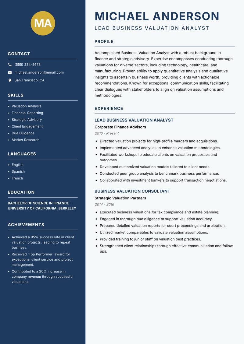 Business Valuation Analyst resume sample — Lead Business Valuation Analyst focus
