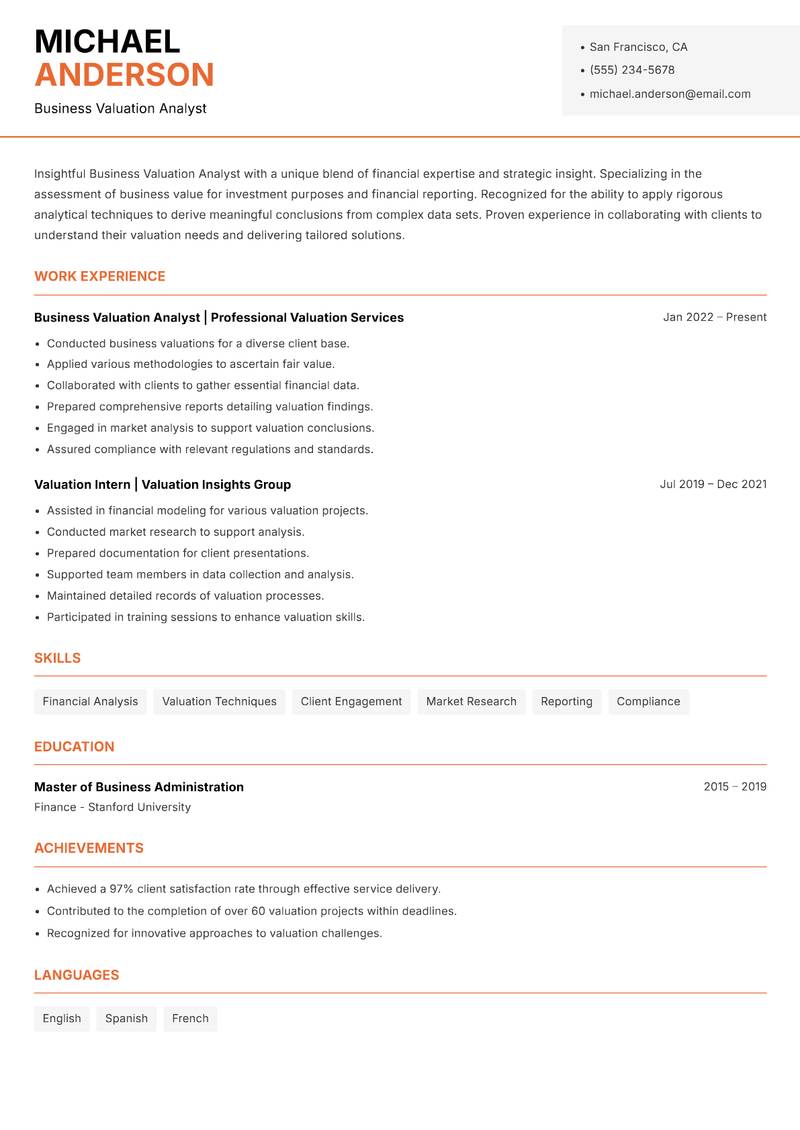 Business Valuation Analyst resume sample — Business Valuation Analyst focus