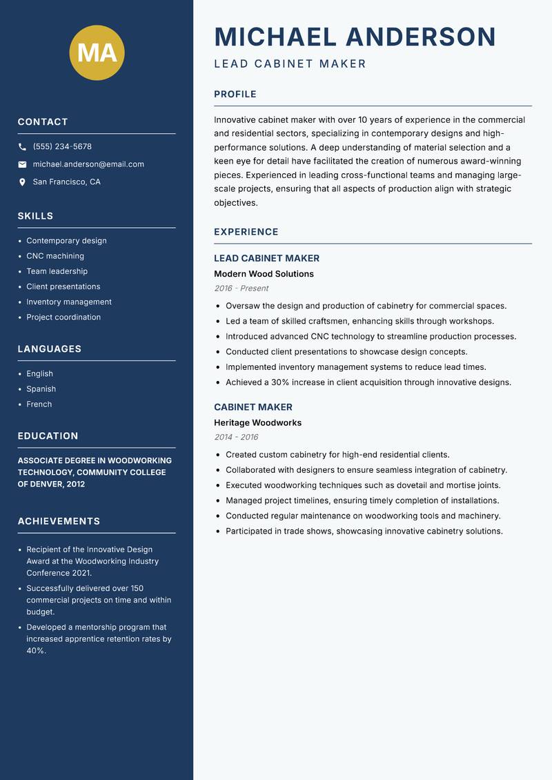 Cabinet Maker resume sample — Lead Cabinet Maker focus