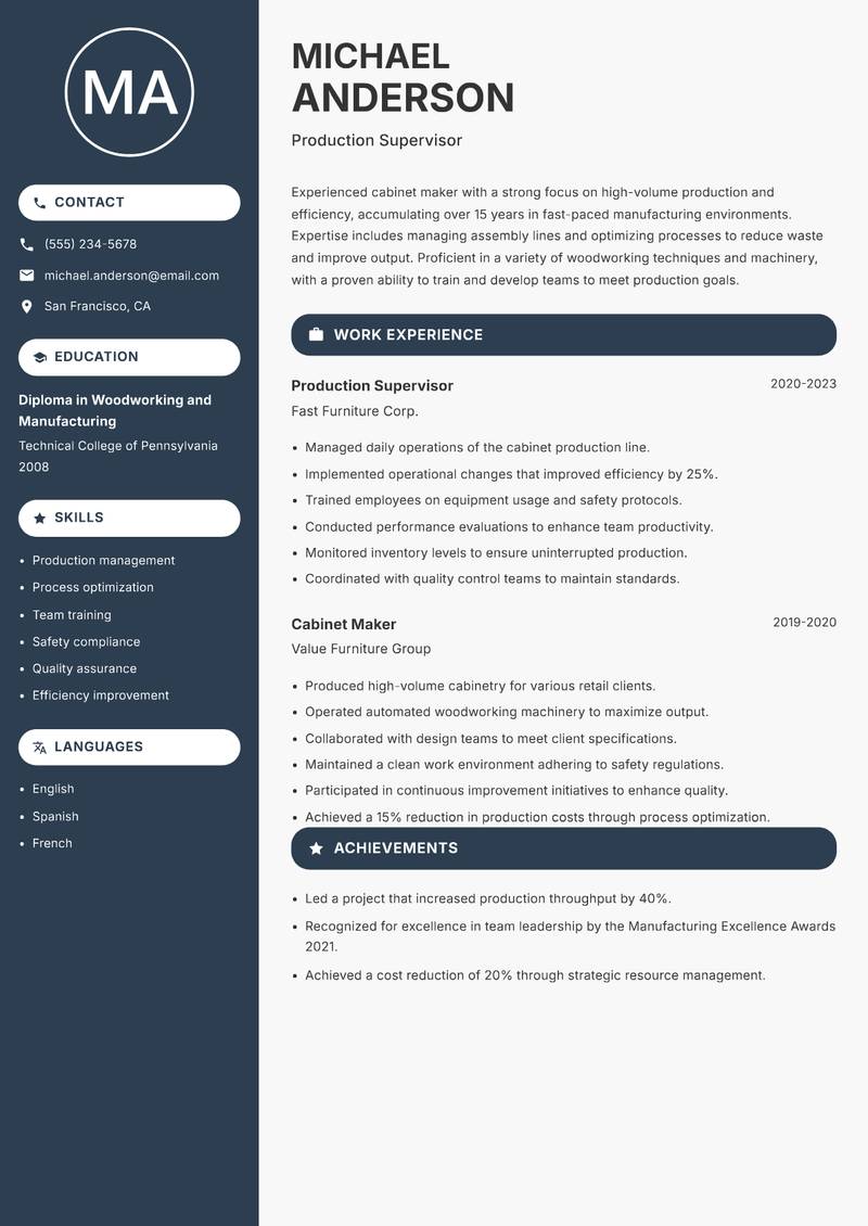 Cabinet Maker resume sample — Production Supervisor focus