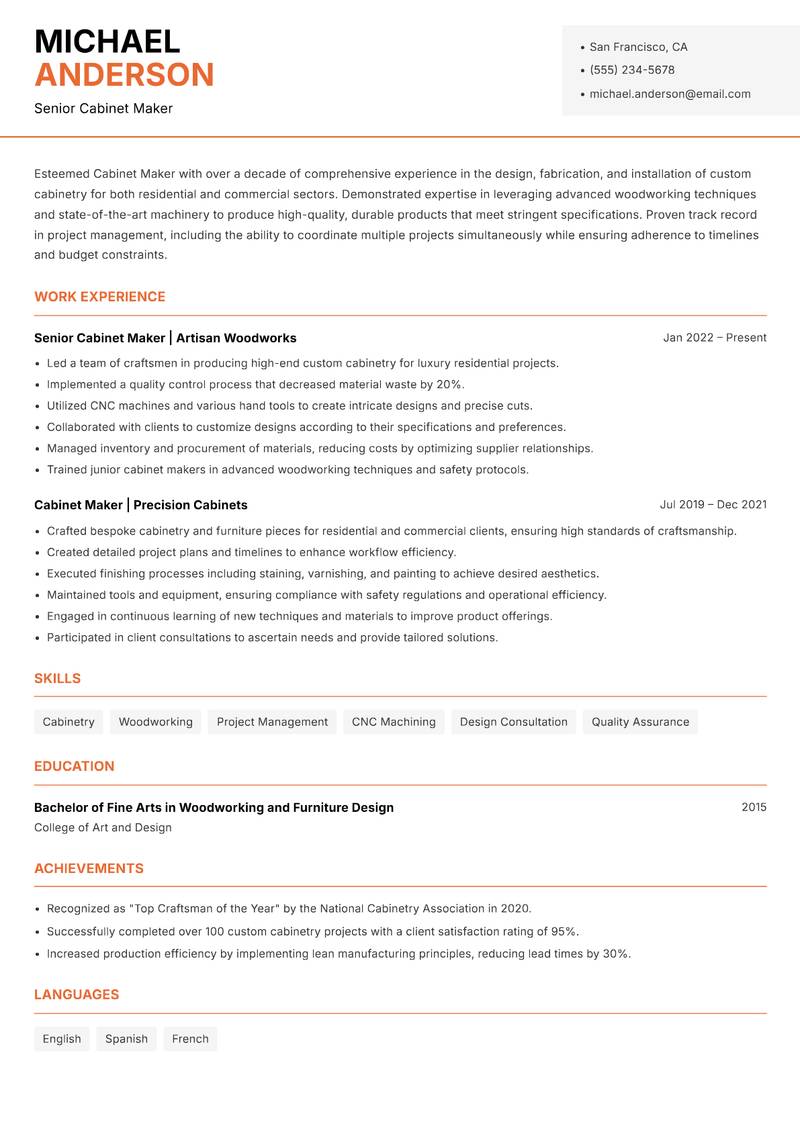 Cabinet Maker resume sample — Senior Cabinet Maker focus