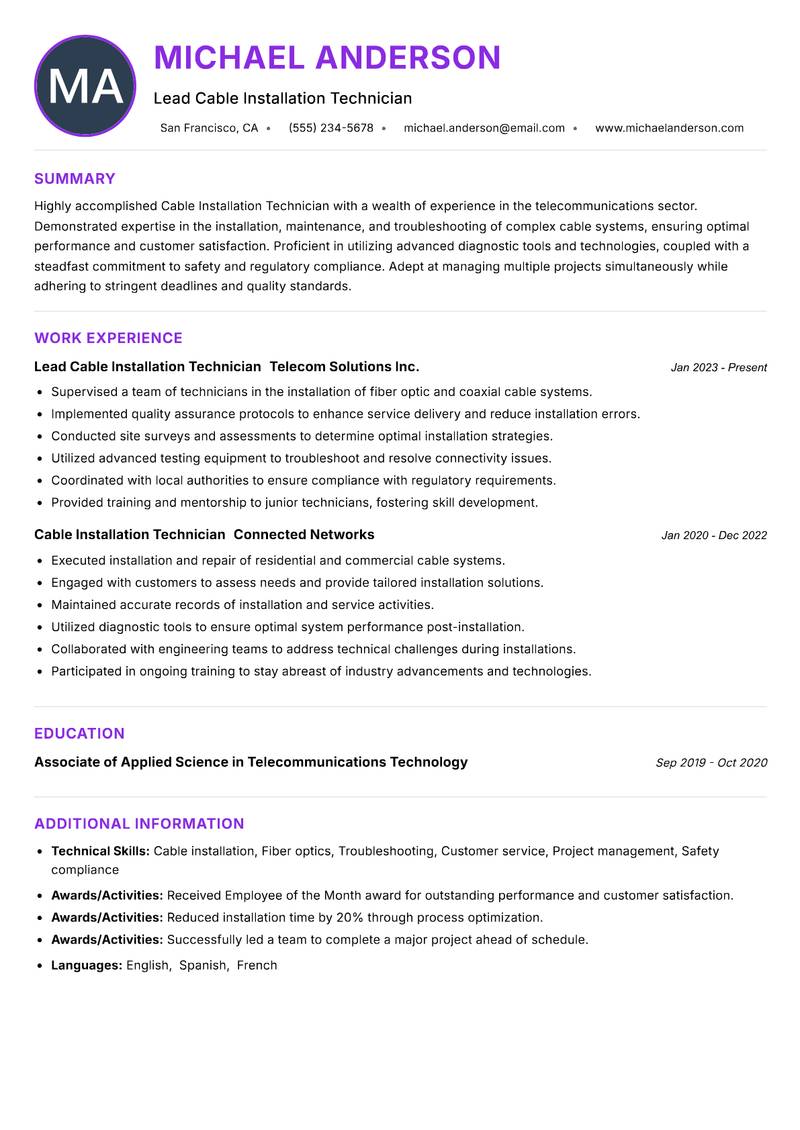 Cable Installation Technician resume example