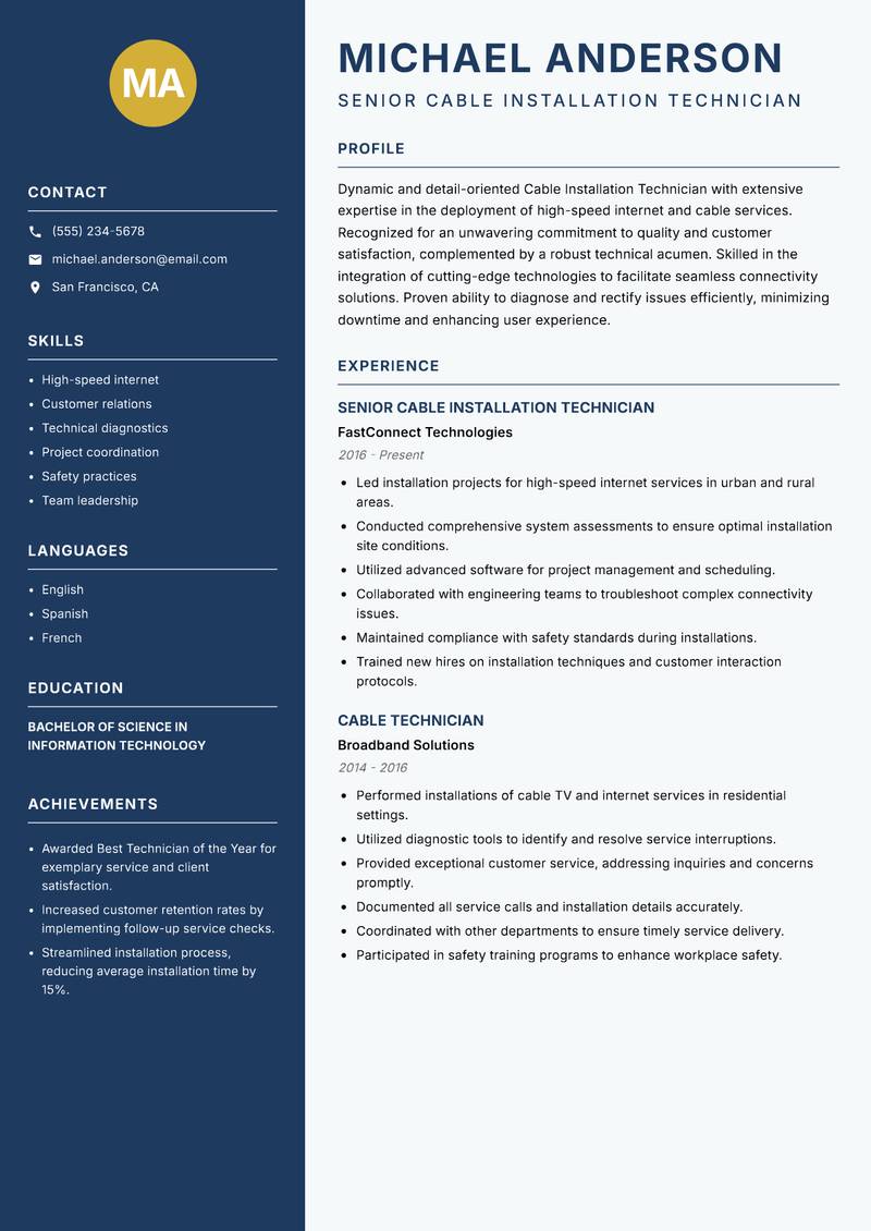 Cable Installation Technician resume sample — Senior Cable Installation Technician focus