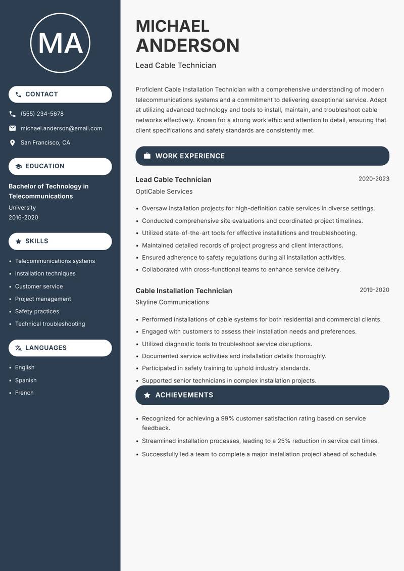 Cable Installation Technician resume sample — Lead Cable Technician focus