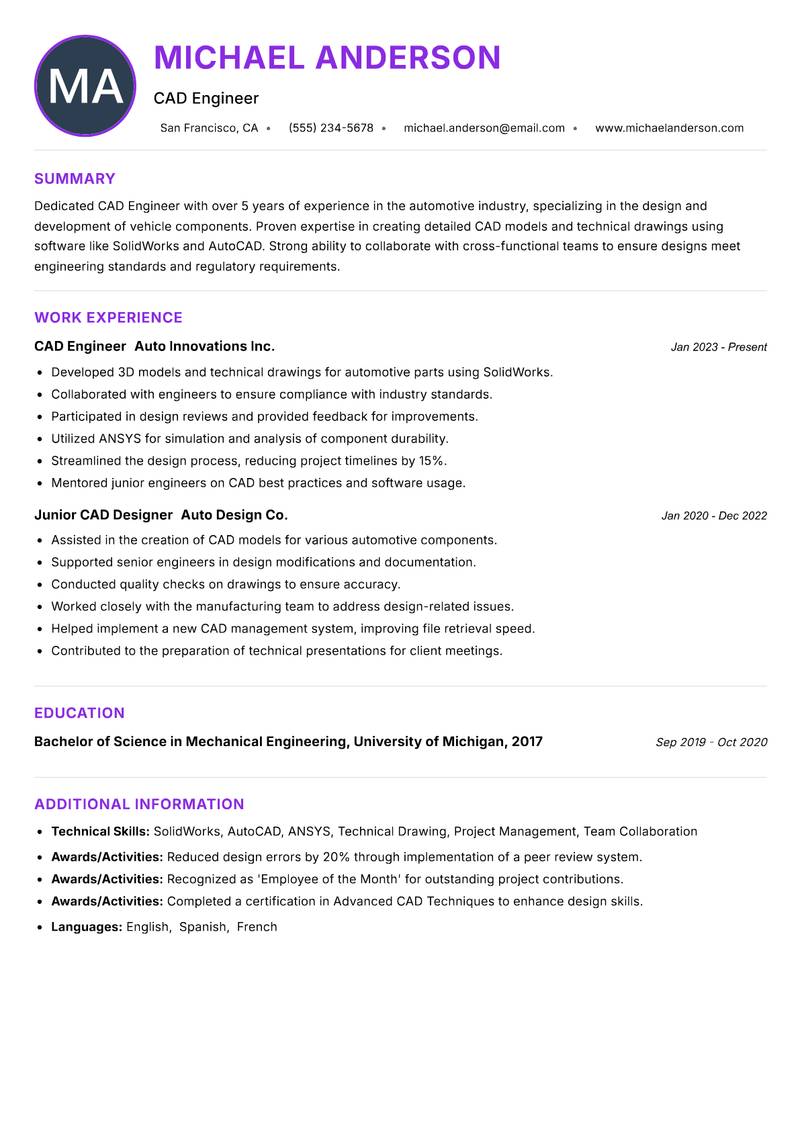CAD Engineer resume example