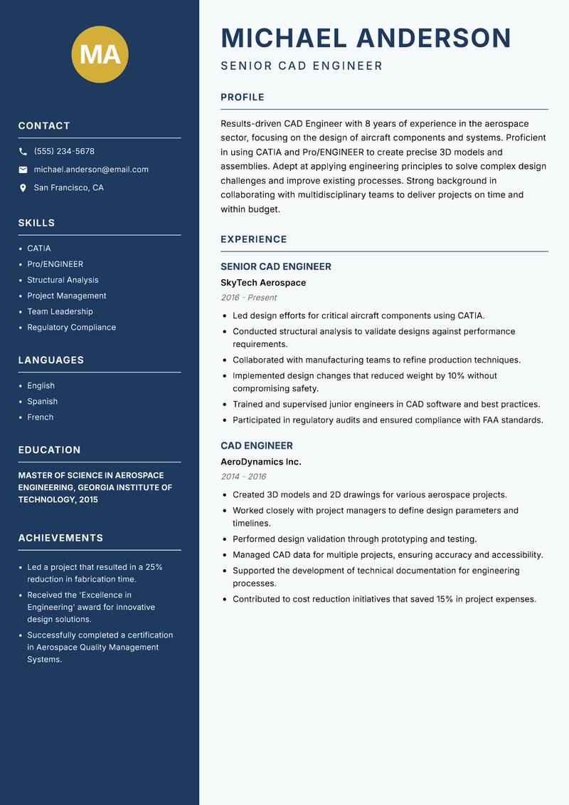 CAD Engineer resume sample — Senior CAD Engineer focus