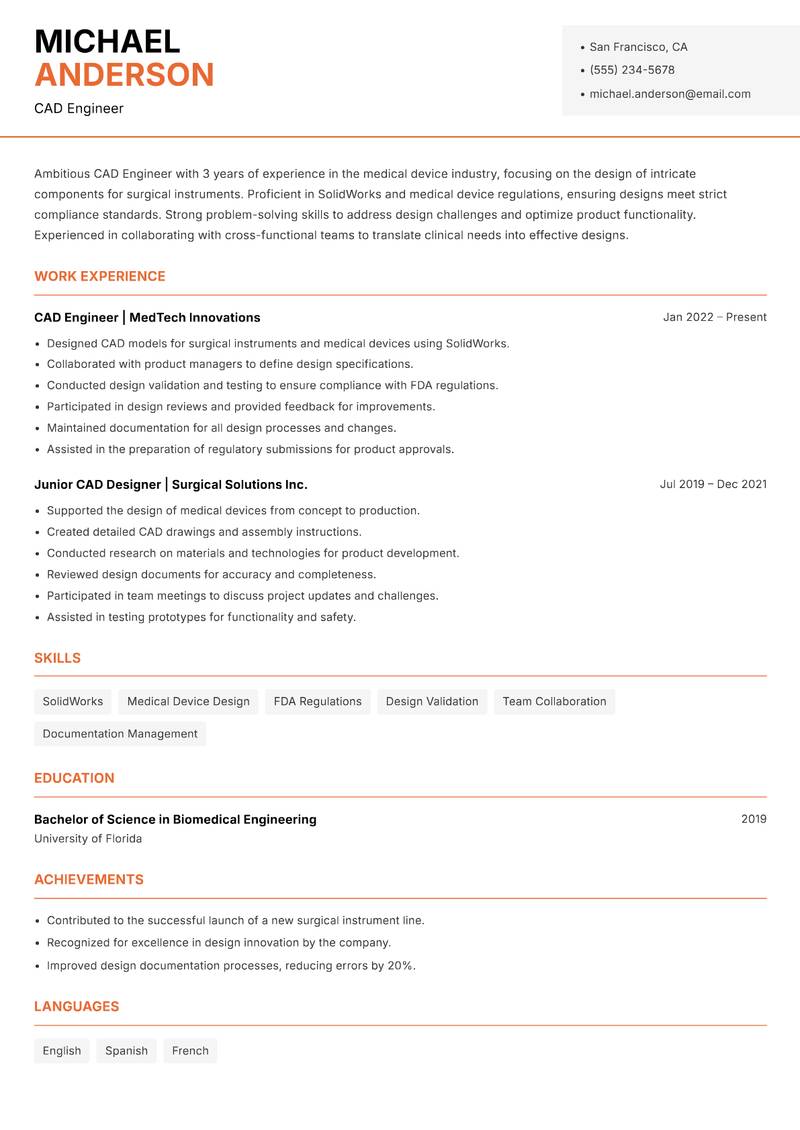 CAD Engineer resume sample — CAD Engineer focus