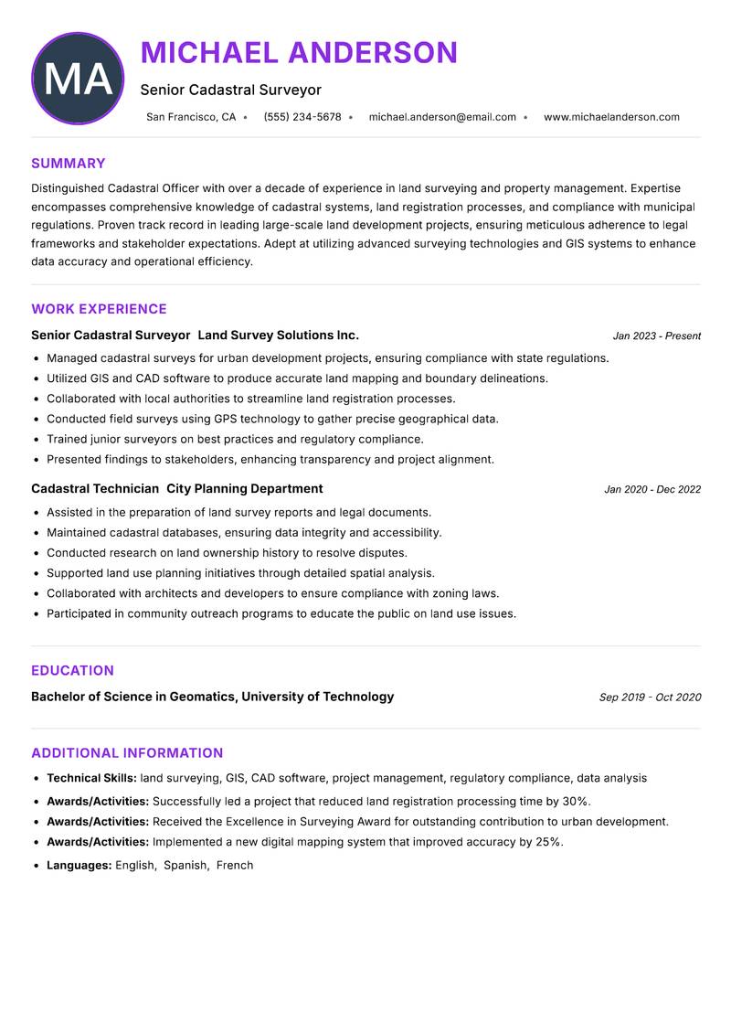 Cadastral Officer resume example — Land Administration