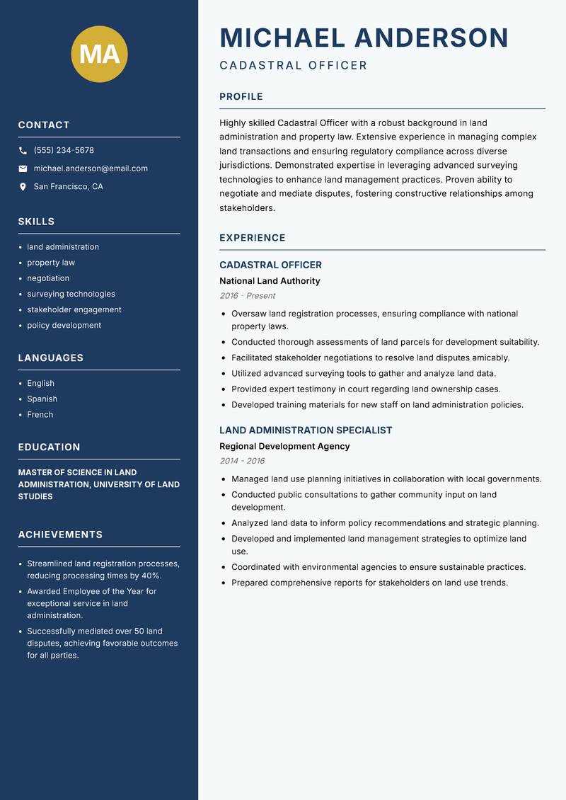 Cadastral Officer resume sample — Cadastral Officer focus