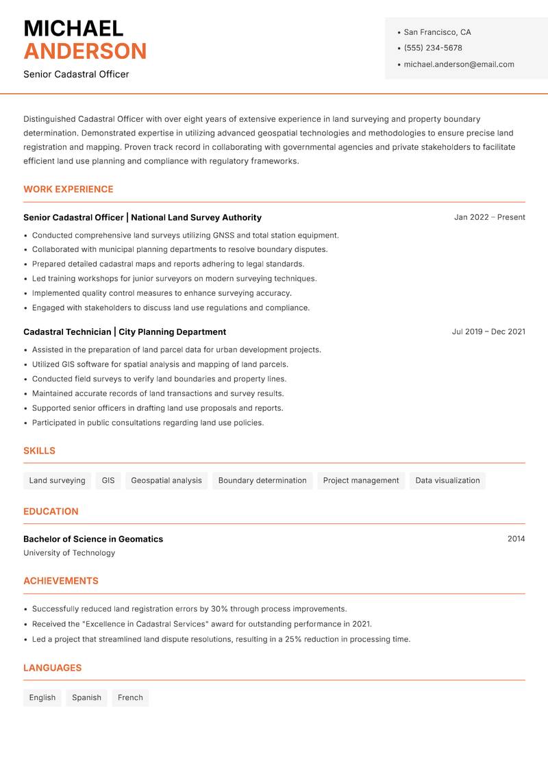 Cadastral Officer resume sample — Senior Cadastral Officer focus