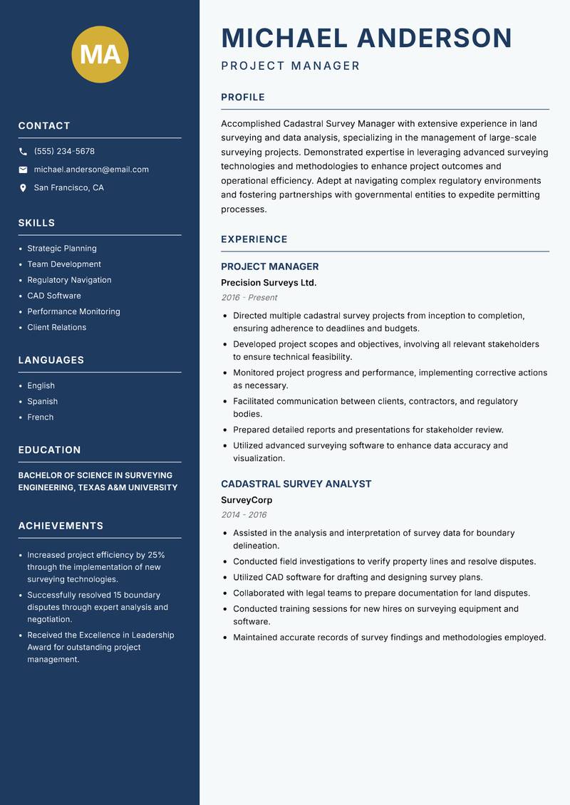 Cadastral Survey Manager resume sample — Project Manager focus