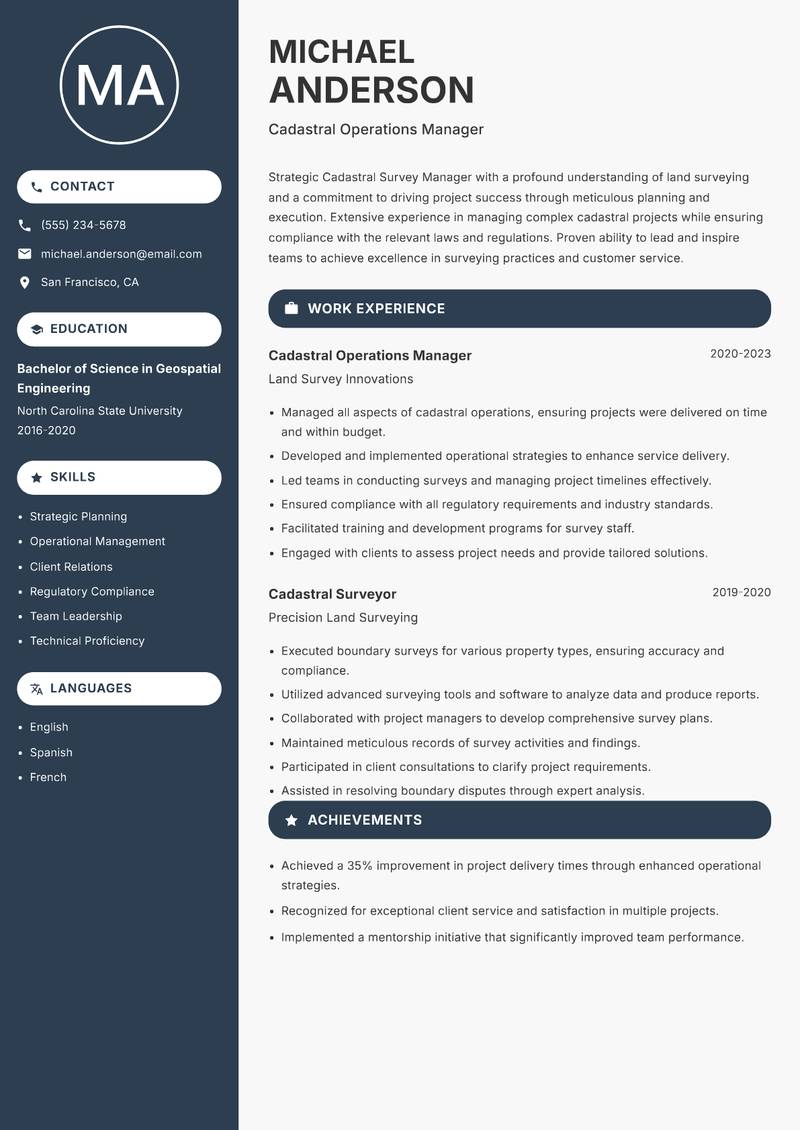 Cadastral Survey Manager resume sample — Cadastral Operations Manager focus