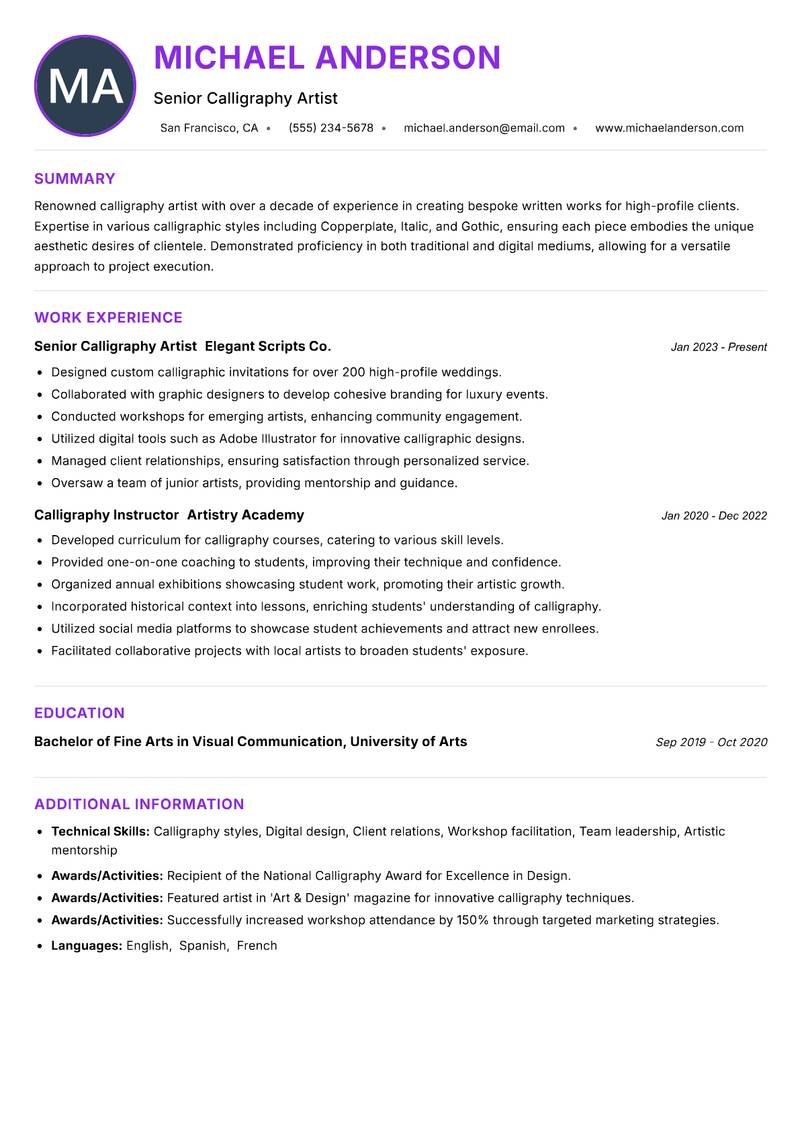 Calligraphy Artist resume example