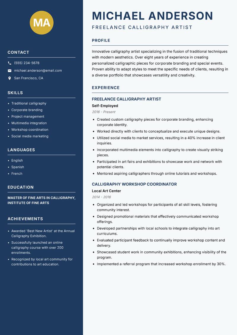 Calligraphy Artist resume sample — Freelance Calligraphy Artist focus