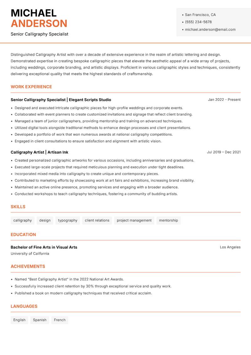 Calligraphy Artist resume sample — Senior Calligraphy Specialist focus