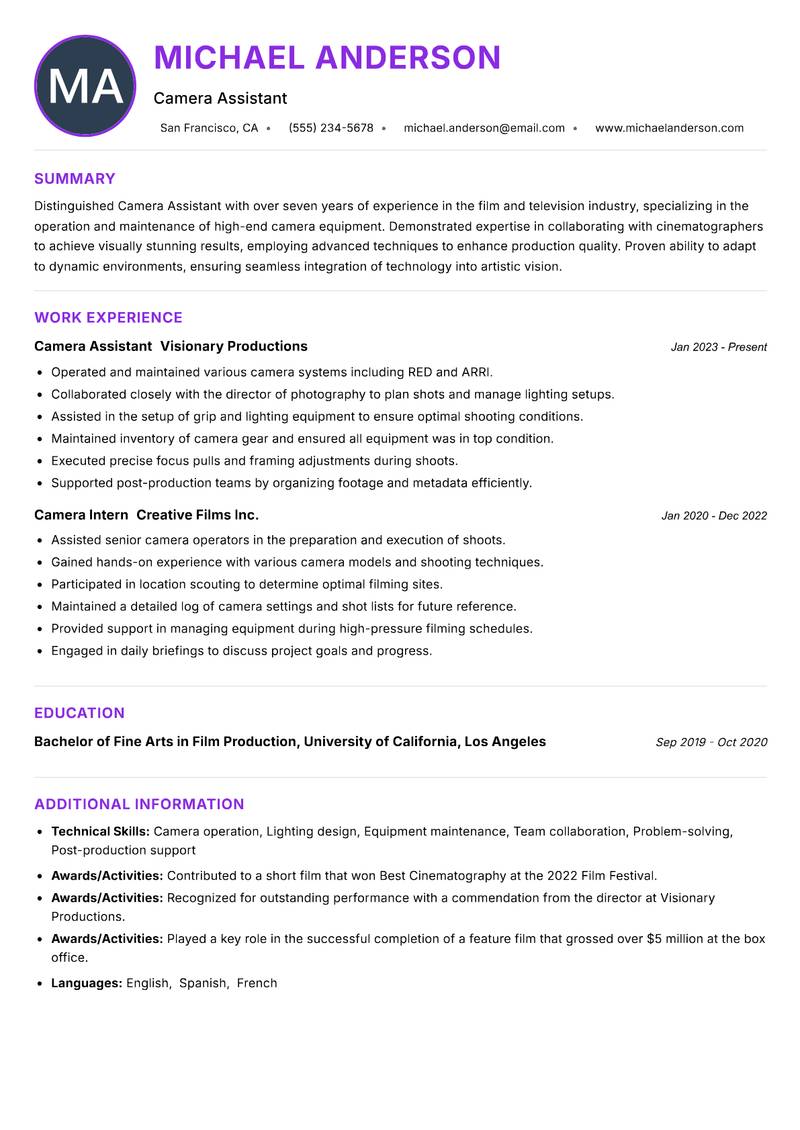 Camera Assistant resume example