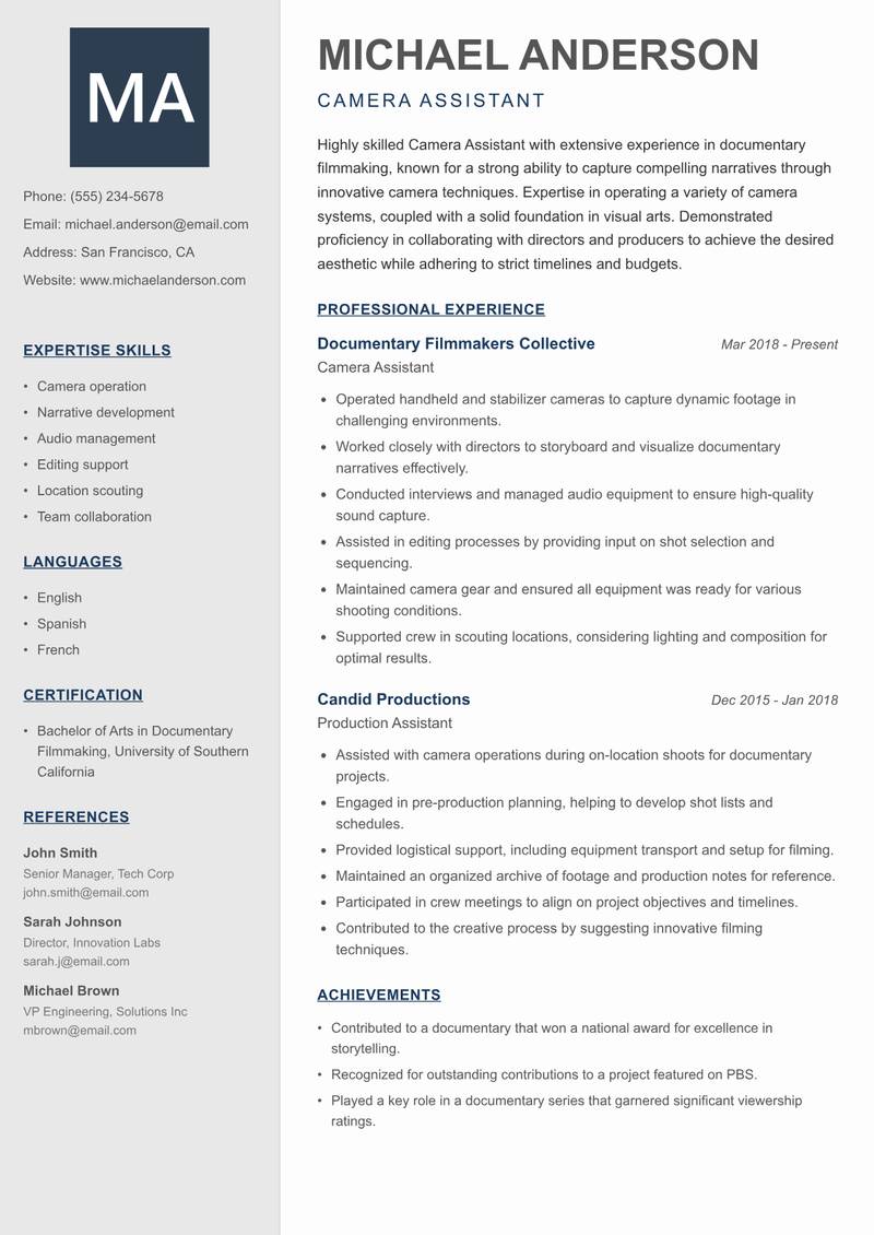 Camera Assistant resume sample — Camera Assistant focus