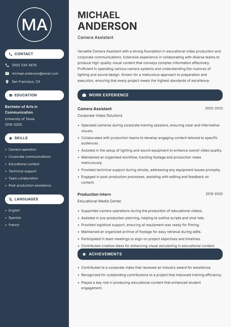Camera Assistant resume sample — Camera Assistant focus