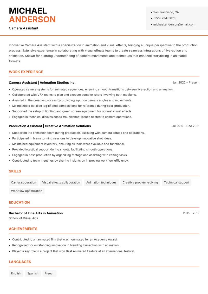 Camera Assistant resume sample — Camera Assistant focus