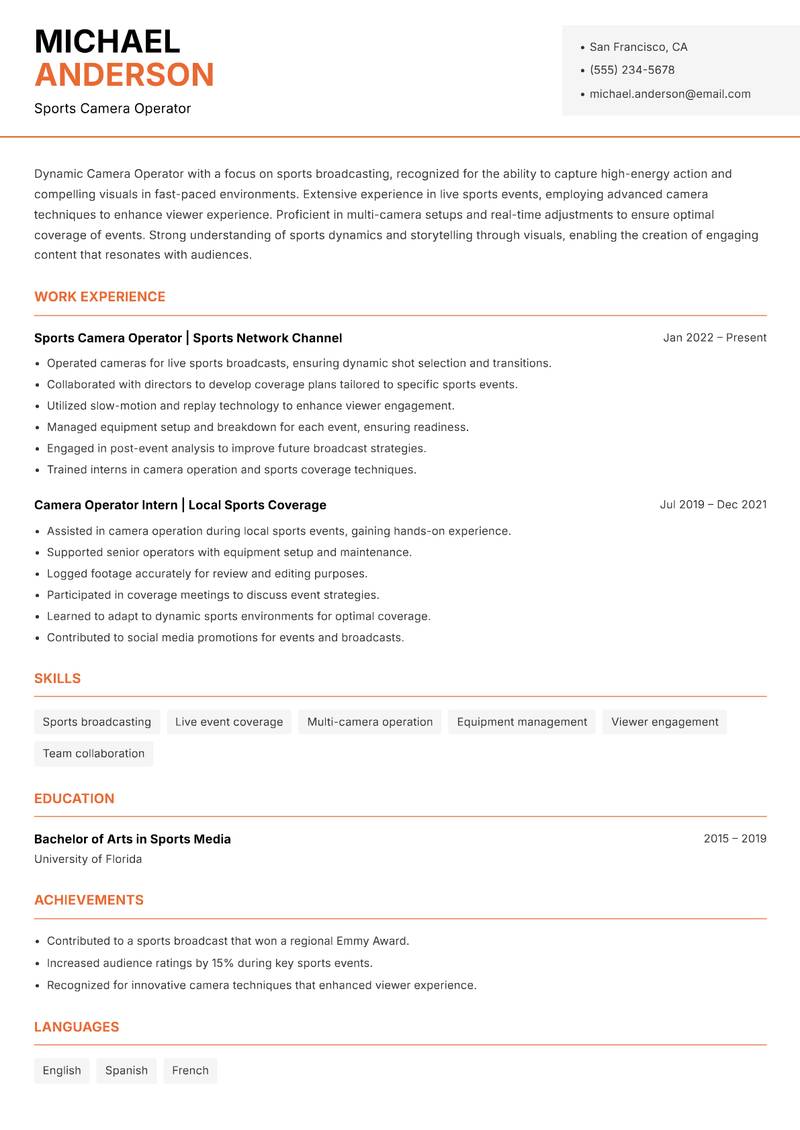 Camera Operator resume sample — Sports Camera Operator focus