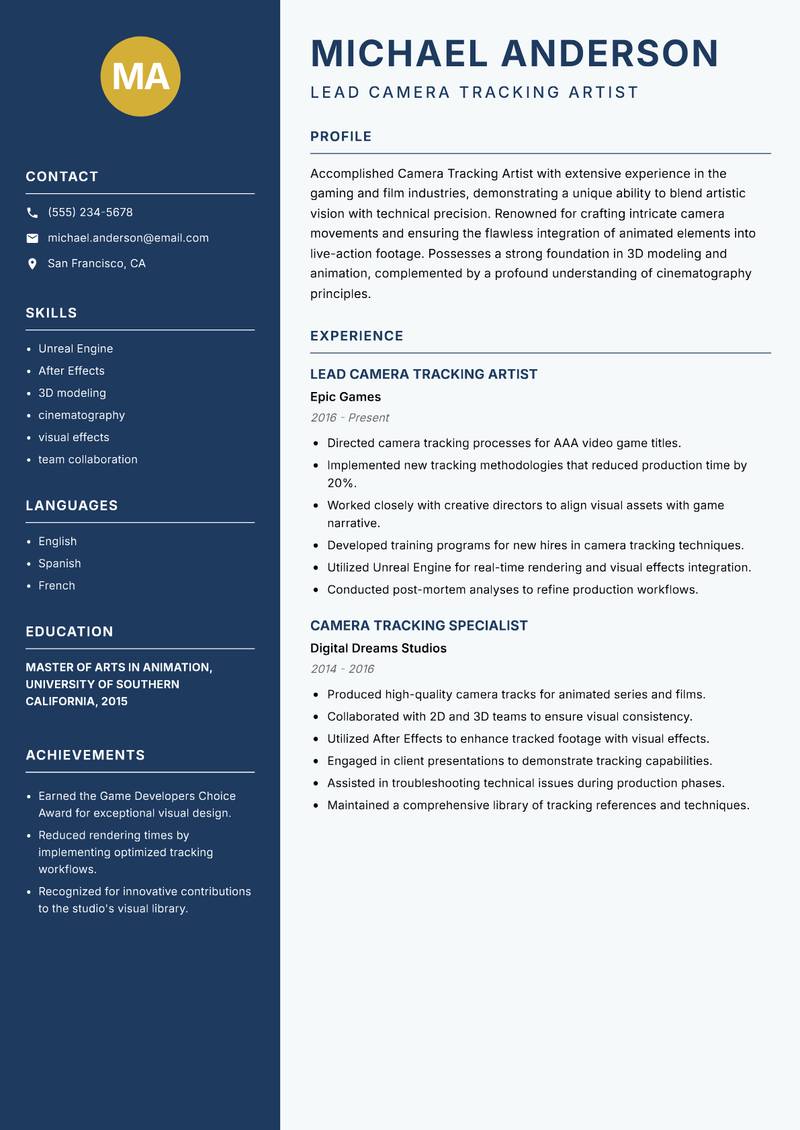 Camera Tracking Artist resume sample — Lead Camera Tracking Artist focus