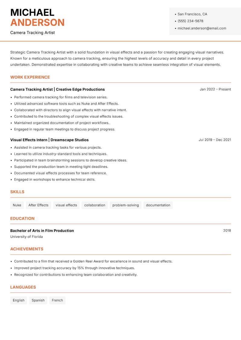 Camera Tracking Artist resume sample — Camera Tracking Artist focus