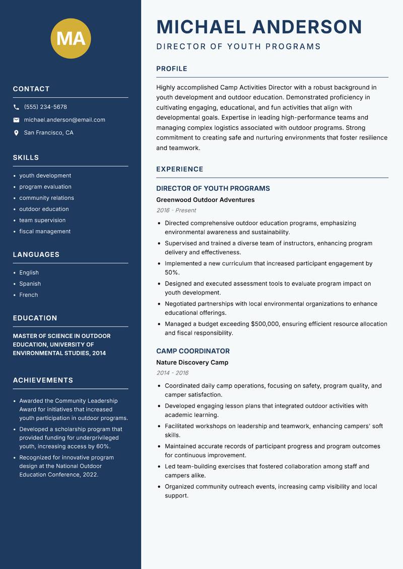 Camp Activities Director resume sample — Director of Youth Programs focus