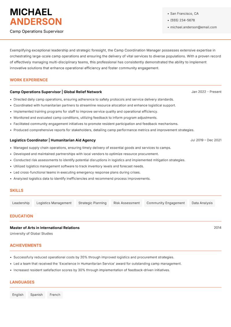 Camp Coordination Manager resume sample — Camp Operations Supervisor focus