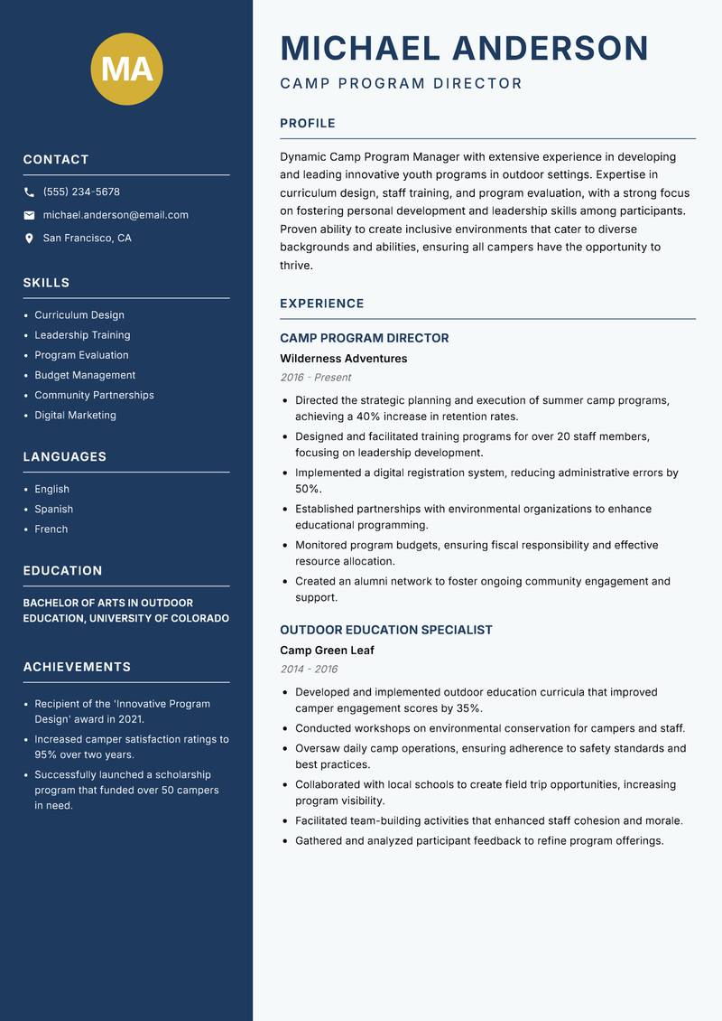Camp Program Manager resume sample — Camp Program Director focus