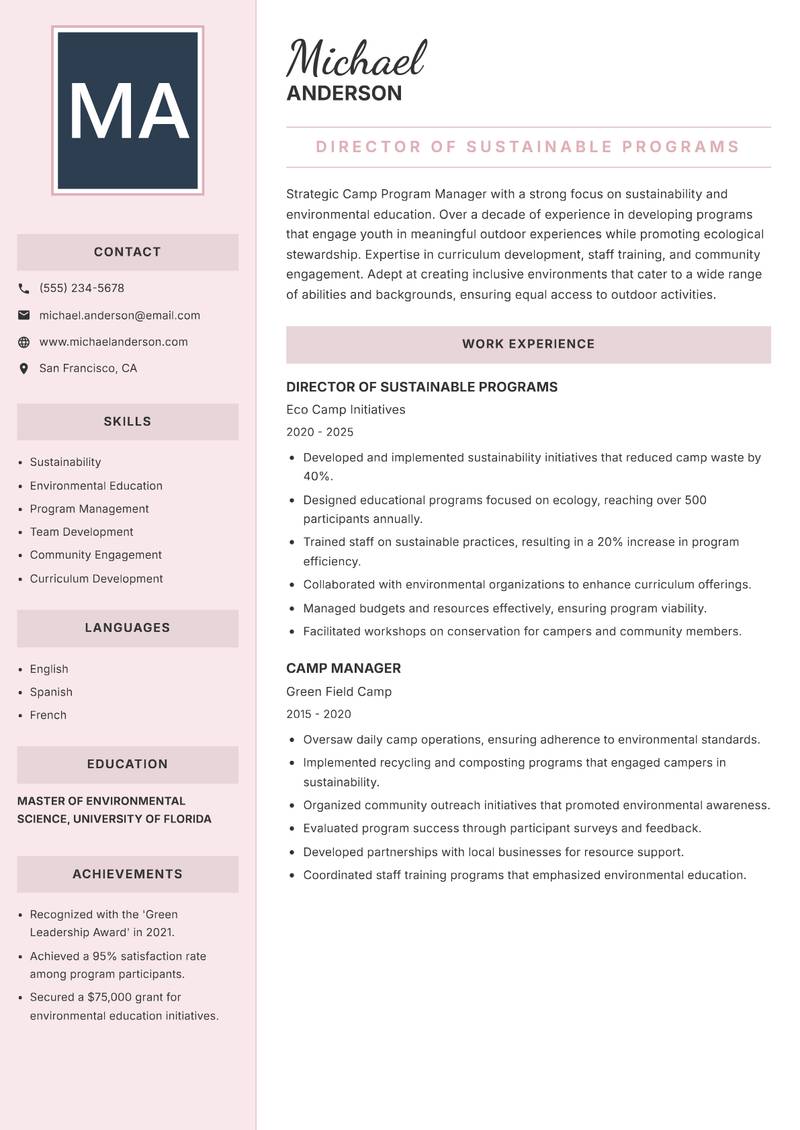 Camp Program Manager resume sample — Director of Sustainable Programs focus