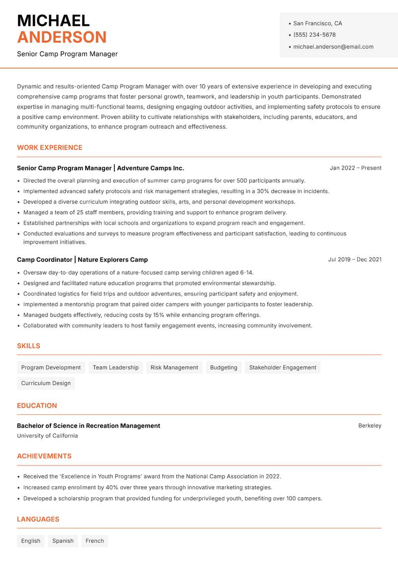 Camp Program Manager resume sample — Senior Camp Program Manager focus