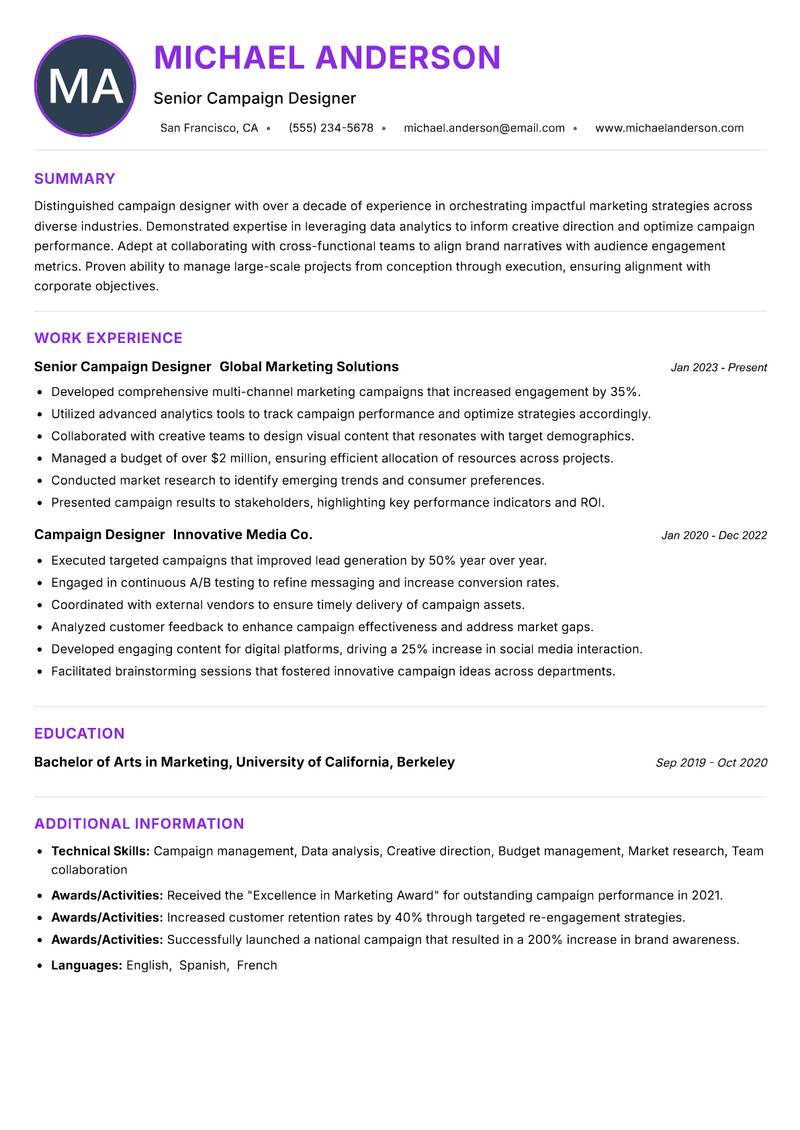 Campaign Designer resume example