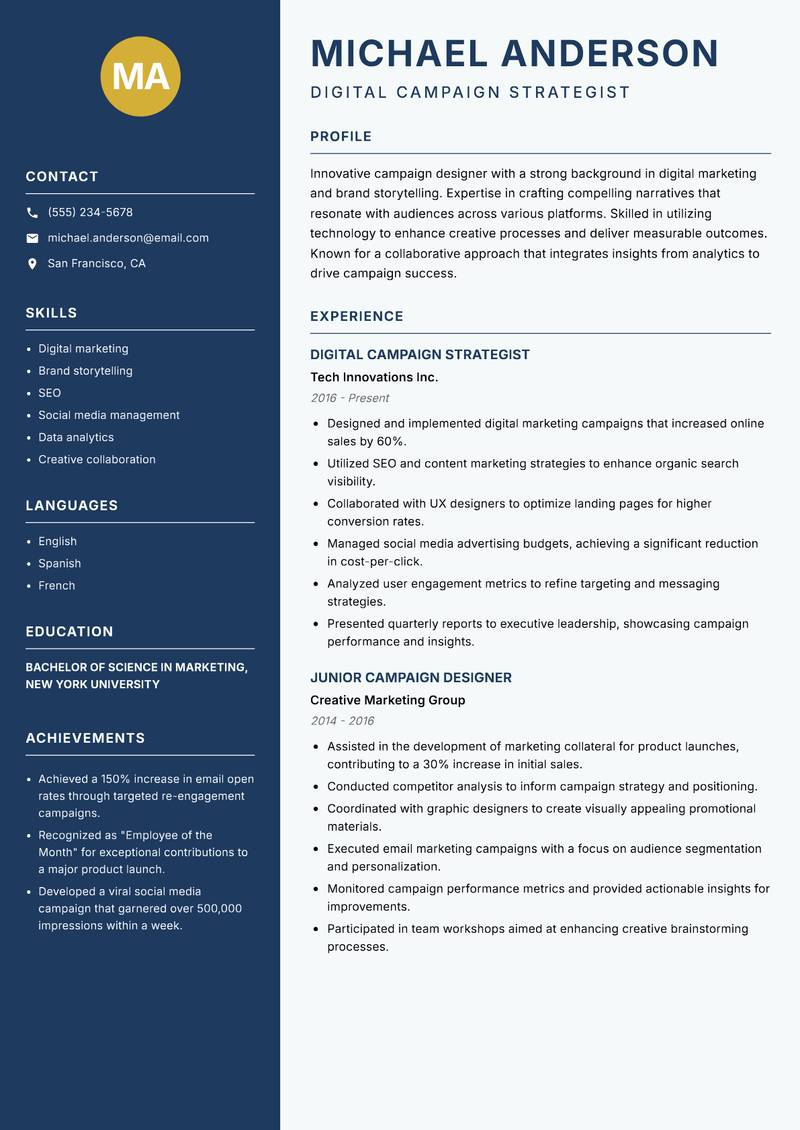 Campaign Designer resume sample — Digital Campaign Strategist focus