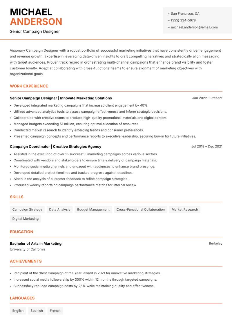 Campaign Designer resume sample — Senior Campaign Designer focus