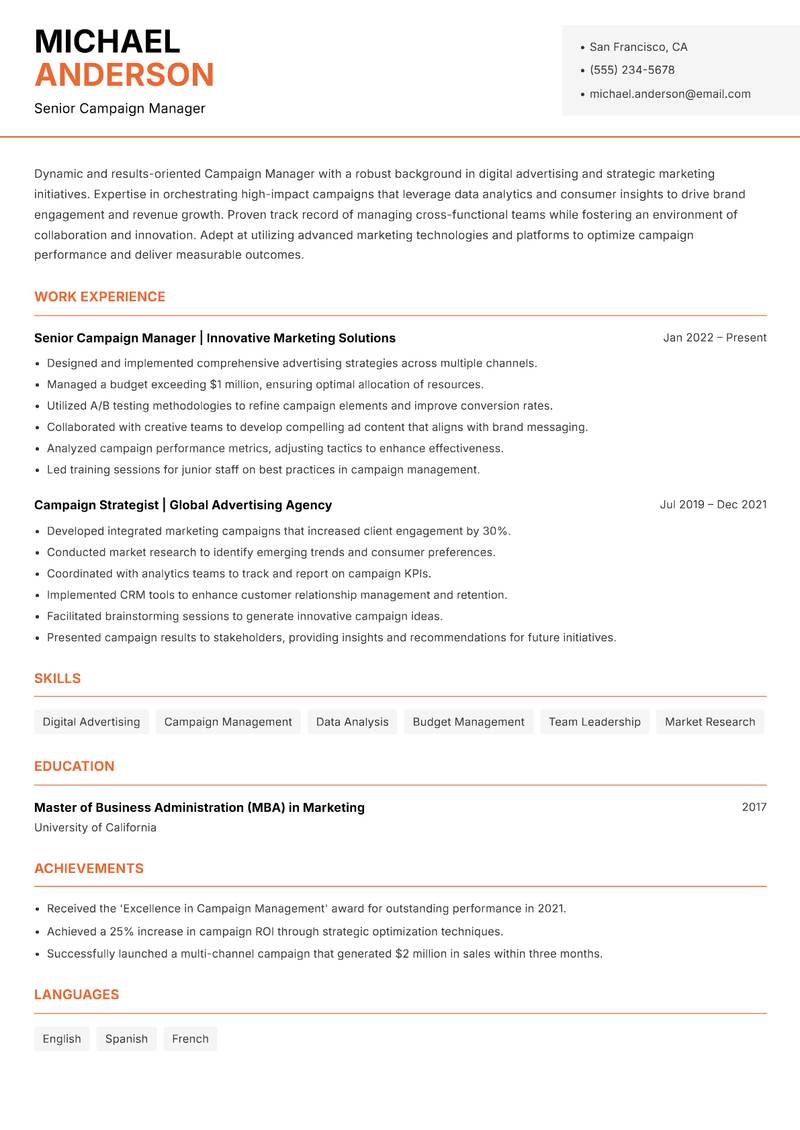 Campaign Manager Advertising resume sample — Senior Campaign Manager focus