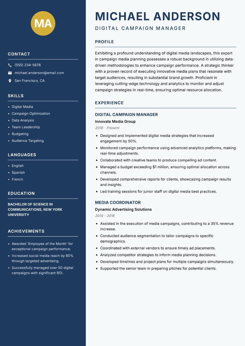Campaign Media Planner resume sample — Digital Campaign Manager focus
