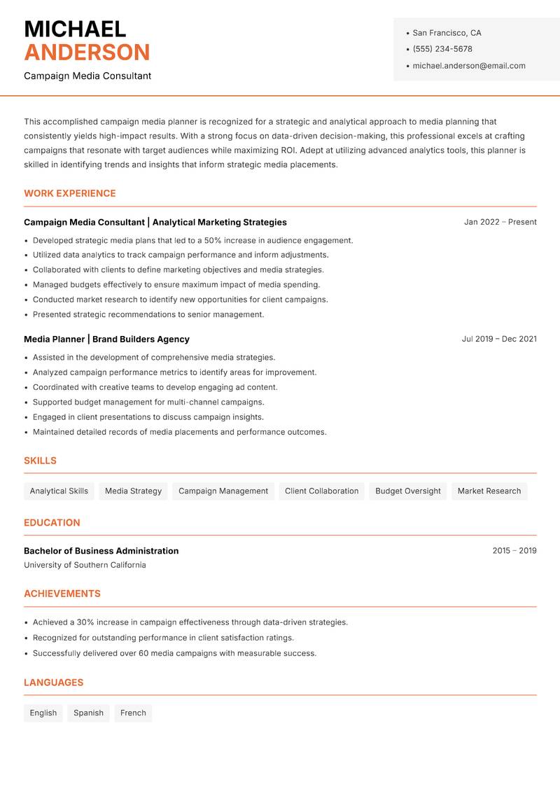 Campaign Media Planner resume sample — Campaign Media Consultant focus