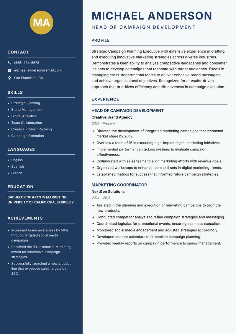 Campaign Planning Executive resume sample — Head of Campaign Development focus