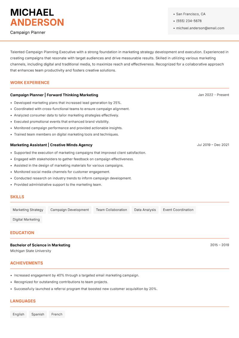 Campaign Planning Executive resume sample — Campaign Planner focus