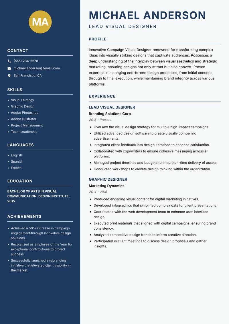 Campaign Visual Designer resume sample — Lead Visual Designer focus