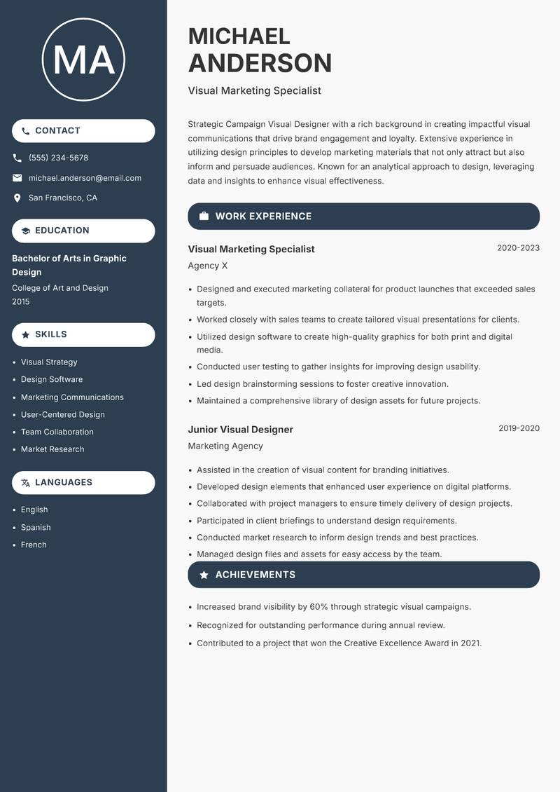 Campaign Visual Designer resume sample — Visual Marketing Specialist focus