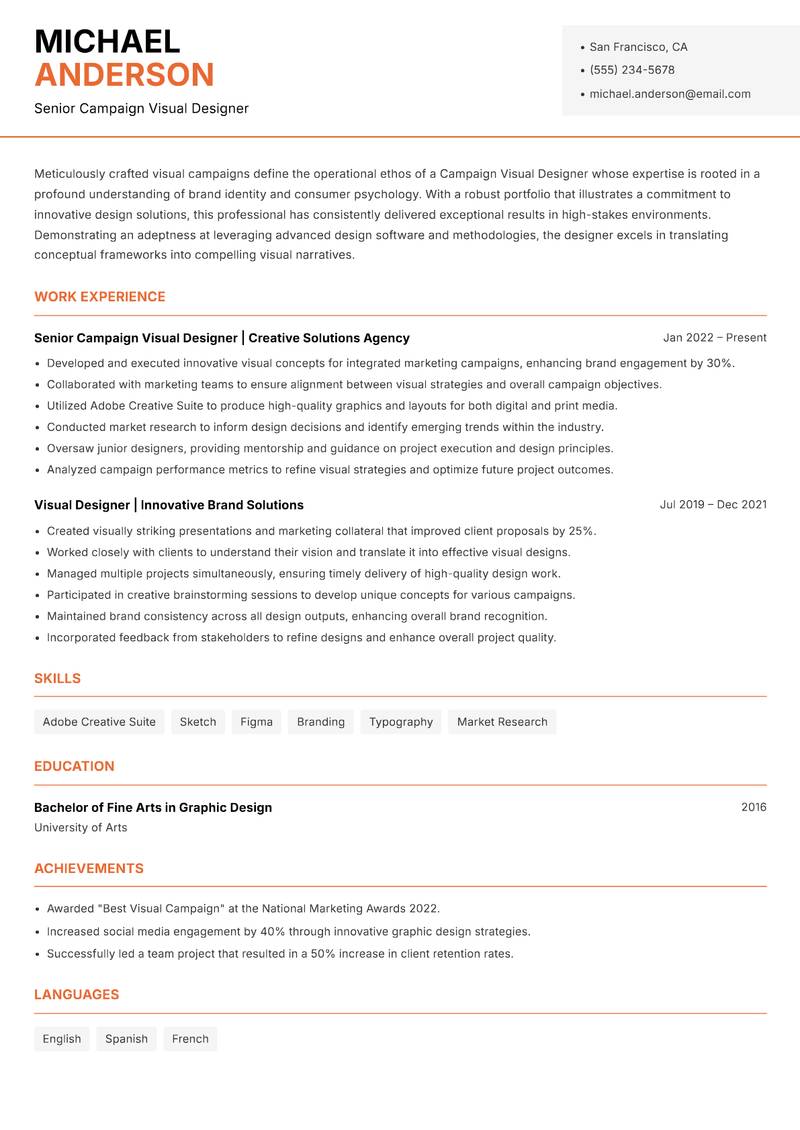 Campaign Visual Designer resume sample — Senior Campaign Visual Designer focus