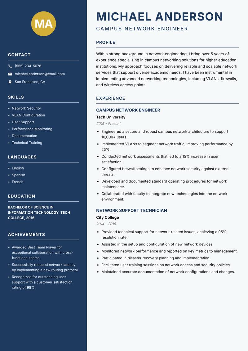 Campus Network Engineer resume sample — Campus Network Engineer focus