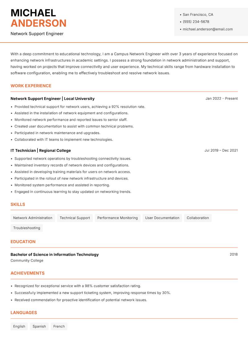 Campus Network Engineer resume sample — Network Support Engineer focus