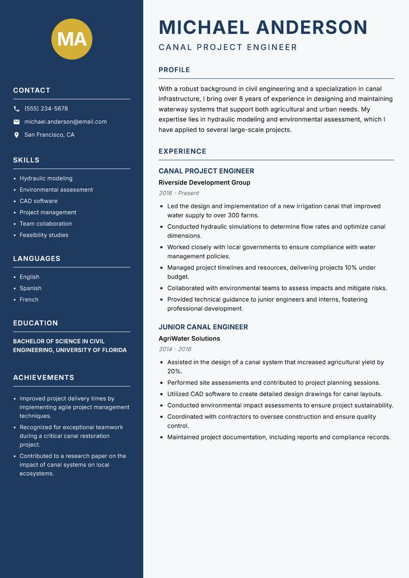 Canal Engineer resume sample — Canal Project Engineer focus