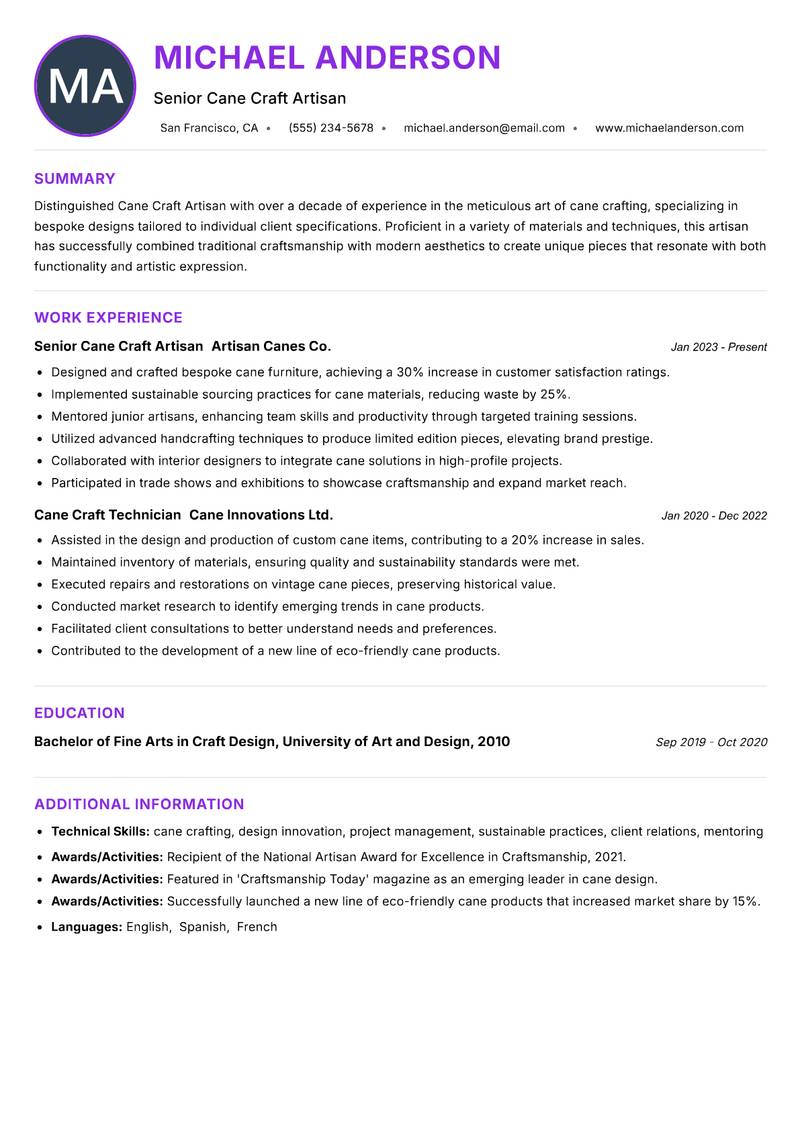 Cane Craft Artisan resume example