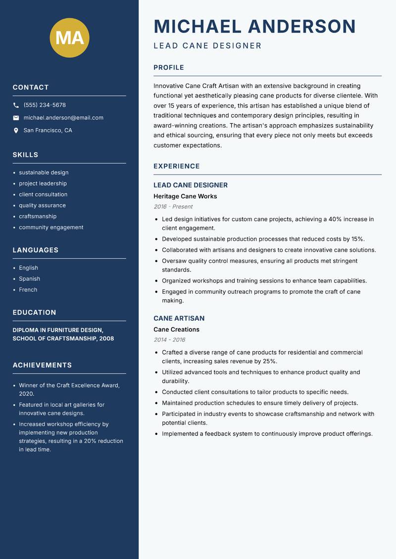 Cane Craft Artisan resume sample — Lead Cane Designer focus