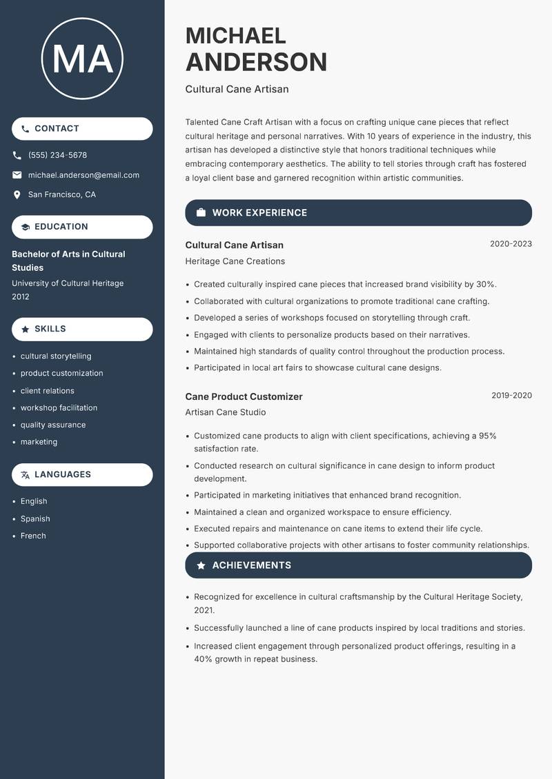 Cane Craft Artisan resume sample — Cultural Cane Artisan focus