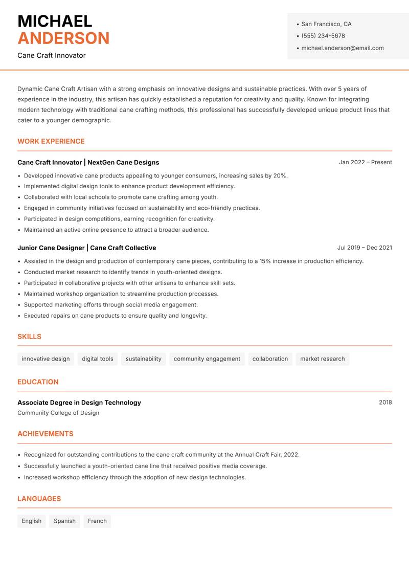 Cane Craft Artisan resume sample — Cane Craft Innovator focus